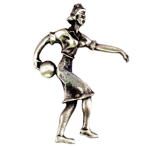 Vintage Bowling Girl and Ball Pewter Pin Badge  Limited French Collectible