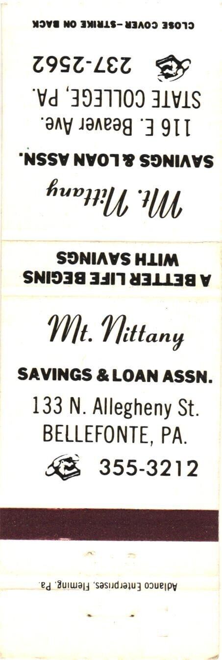 Mt. Nittany Savings & Loan Association Bellefonte, Penna Vintage Matchbook Cover