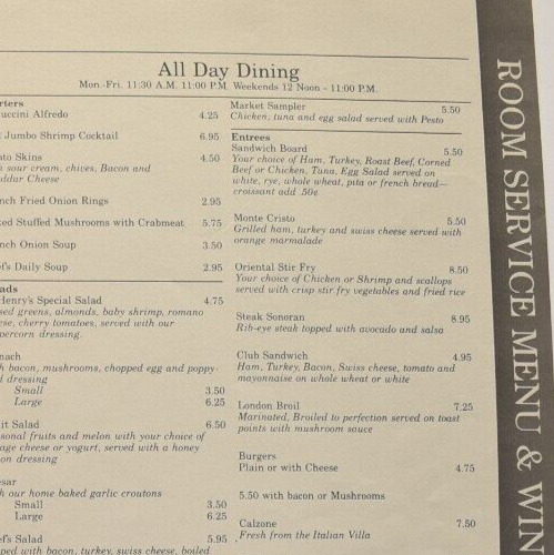1987 Sheraton Baltimore Inner Harbor Hotel Room Service Menu Directory Chicago