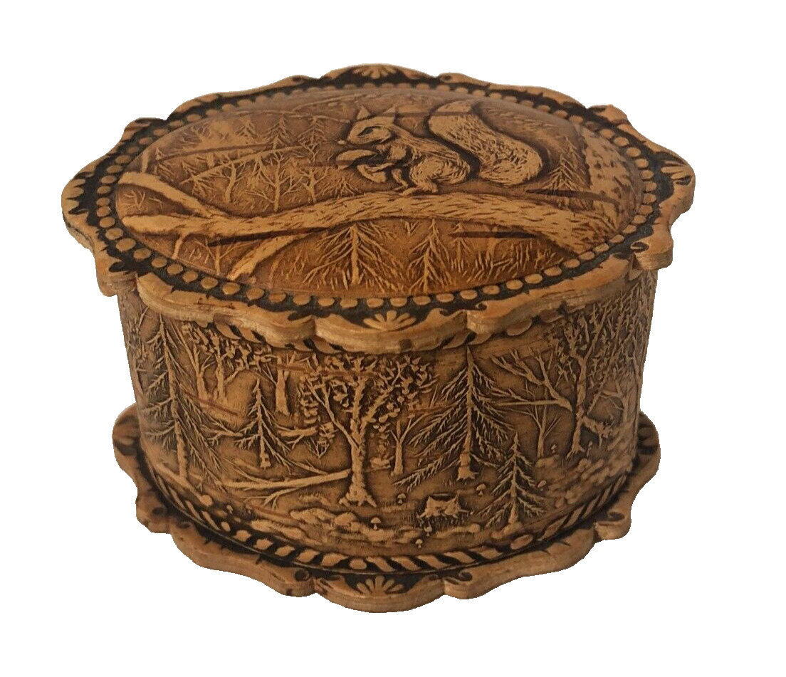 Russian Hand Made Birch Bark Oval Trinket Box with Lid Squirrel Trees
