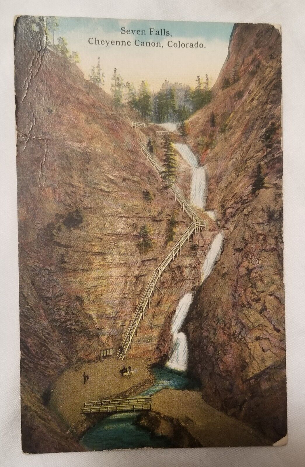 Antique 1914 Lithograph Postcard Seven Falls CO VTG Posted With 1cent Stamp