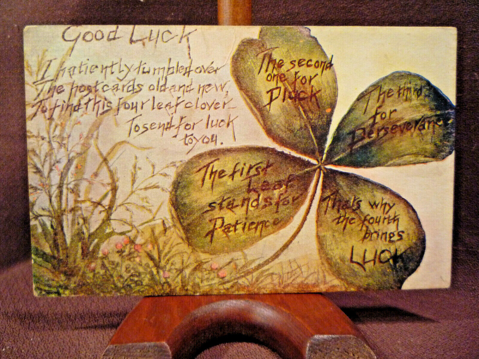 Antique 1910 GOOD LUCK Shamrock, Four Leaf Clover, with Poem