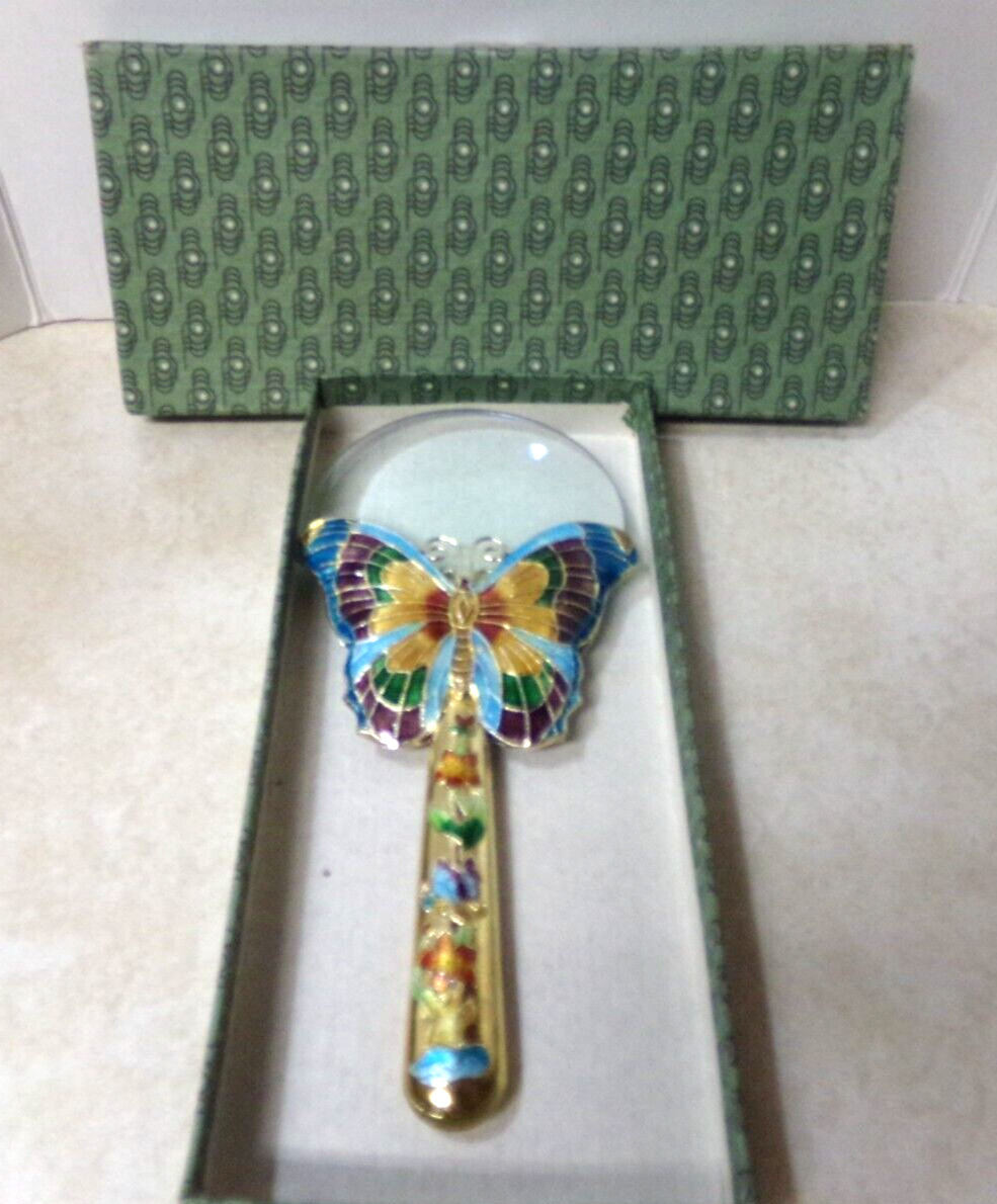 Vintage Colorful Cloisonne BUTTERFLY Hand Held Magnifying Glass 7”