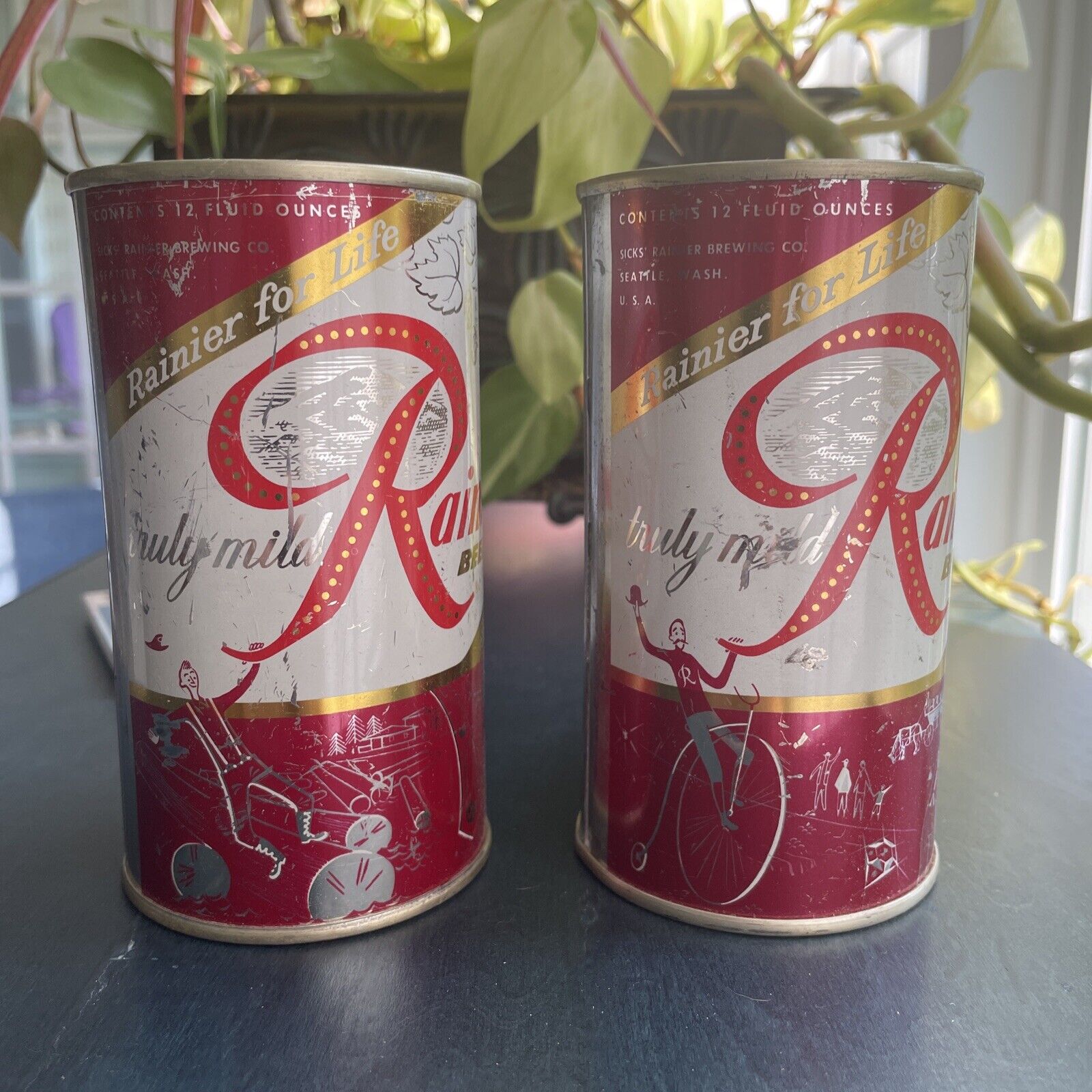 Rainier Beer cans -2 Maroon Colors