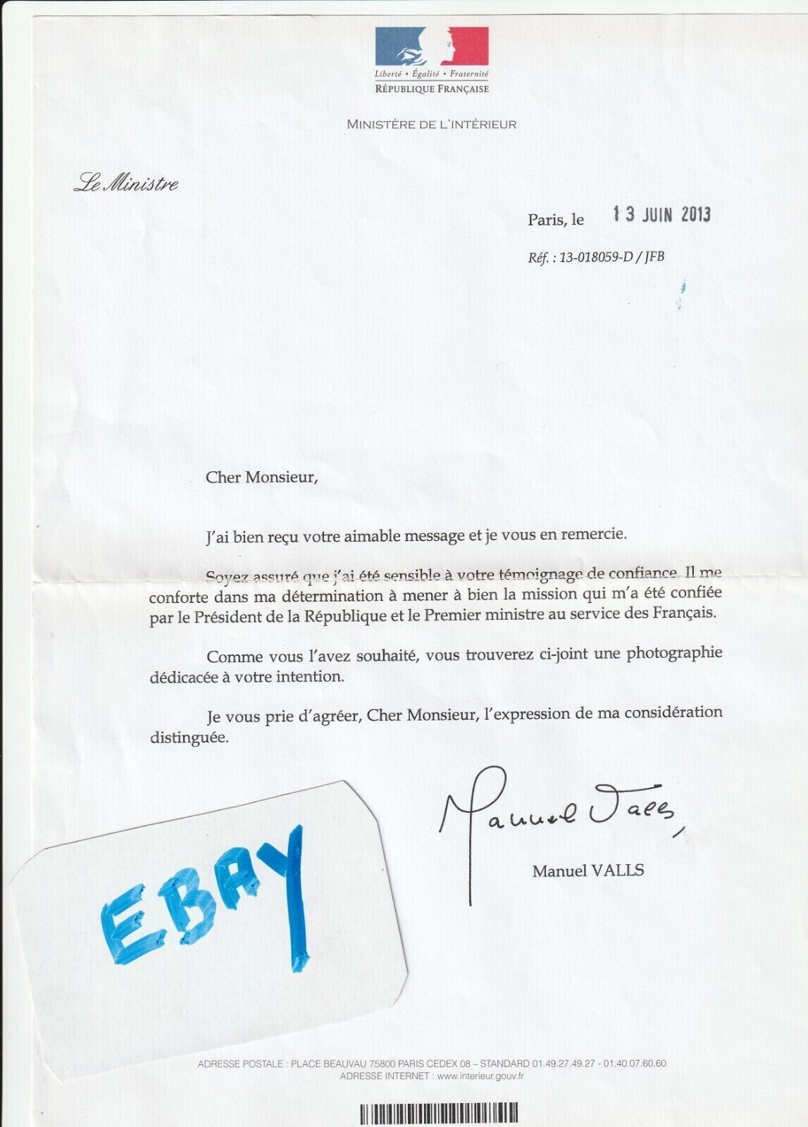 Mr. VALLS MANUAL: former Minister of the Interior - Original Autograph - Authentic.
