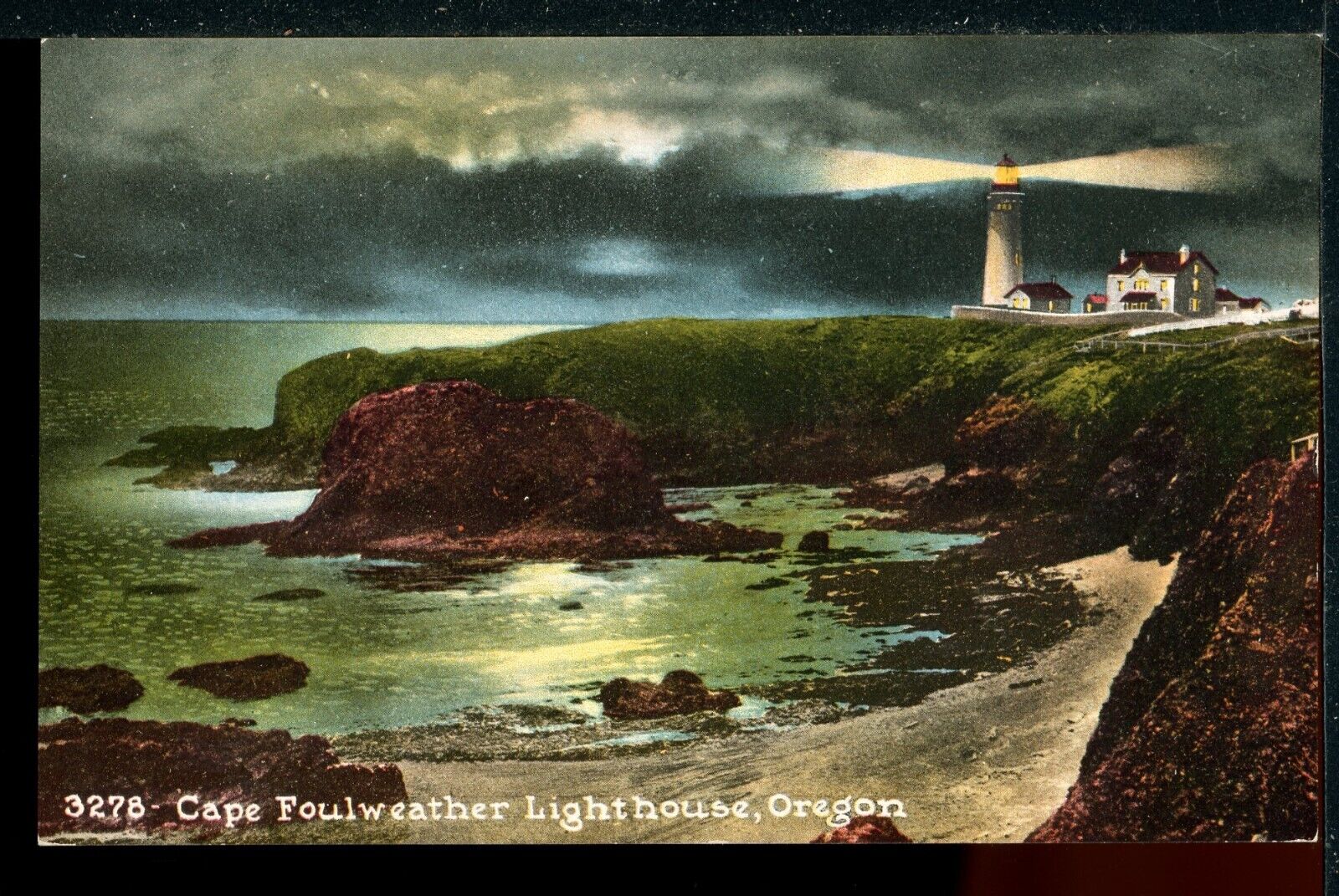 Older Cape Foulweather Light House Night Oregon Historic Vintage Postcard