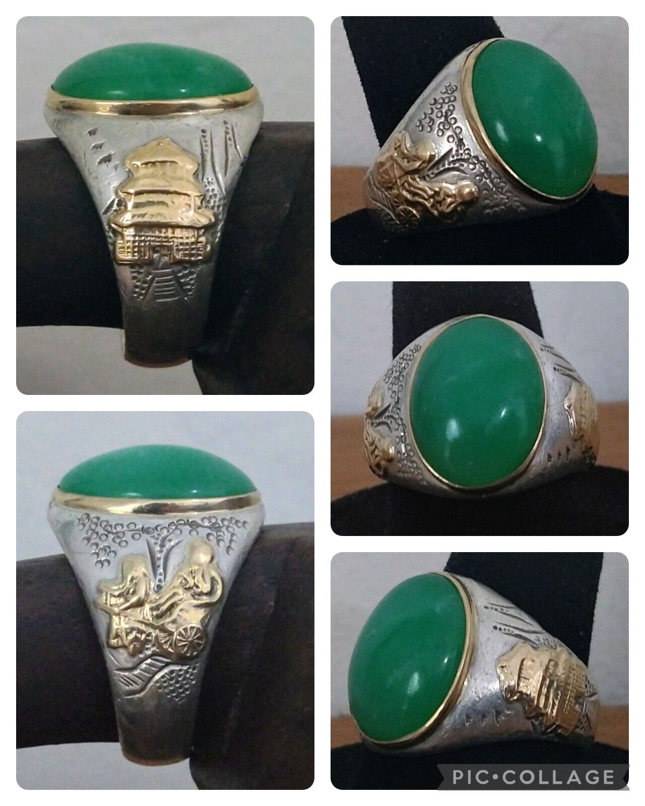 Vintage 10K White Gold Jade Ring with Yellow Gold Motif - Size 9 (11.96 grams)