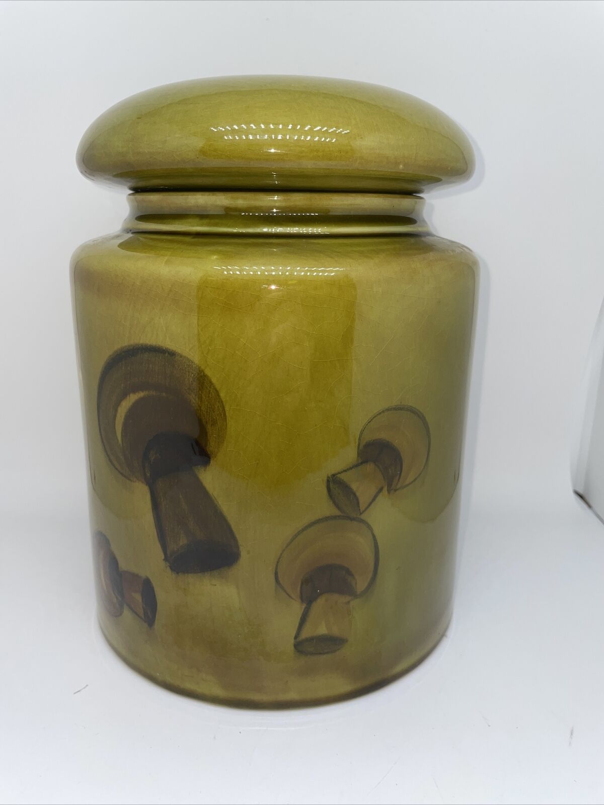 MCM Vintage 1969 Olive Green Canister With Mushrooms Los Angeles Potteries