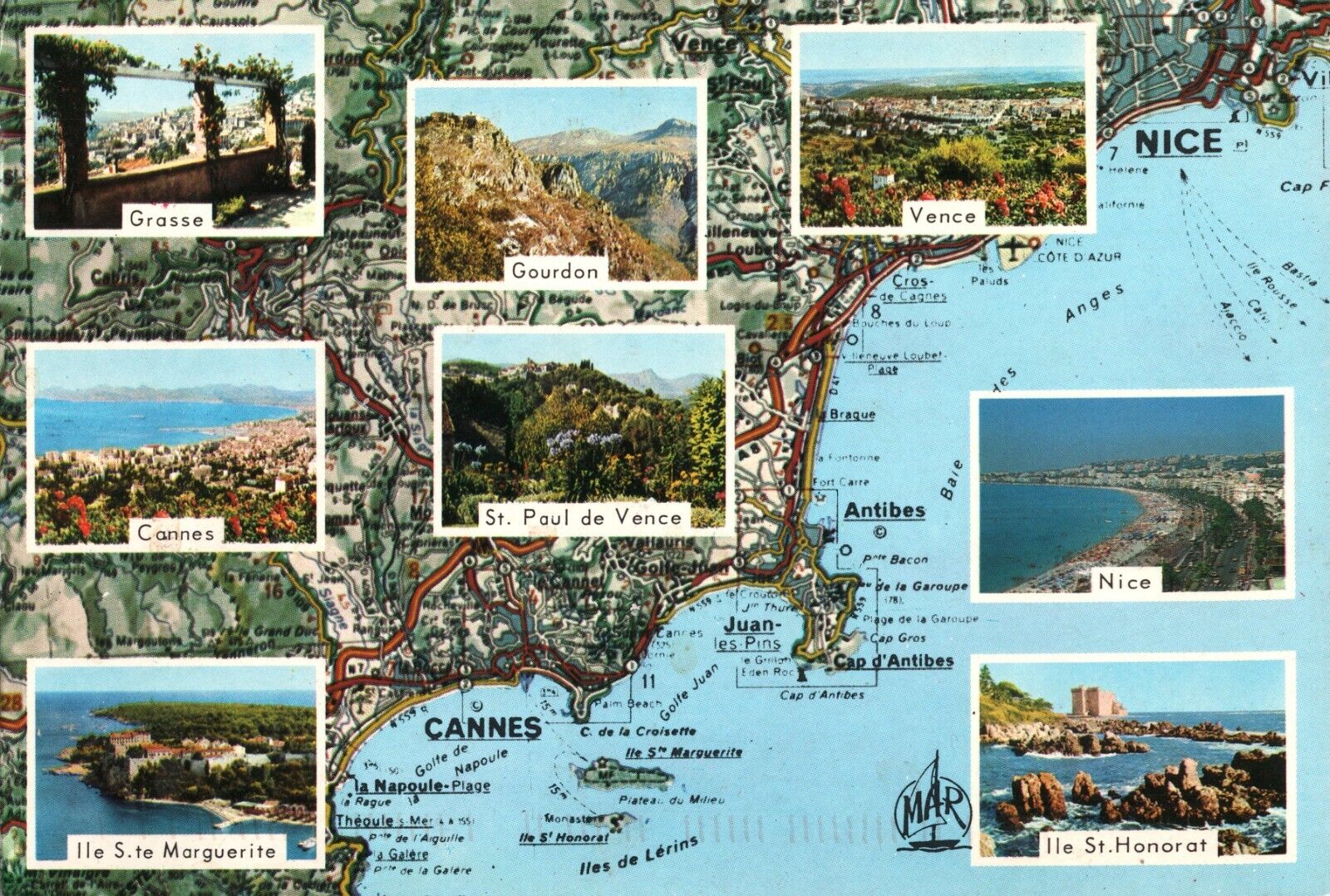 La Côte D’Azur French Riviera Nice Saint-Paul-de-Vence Map Sites Postcard
