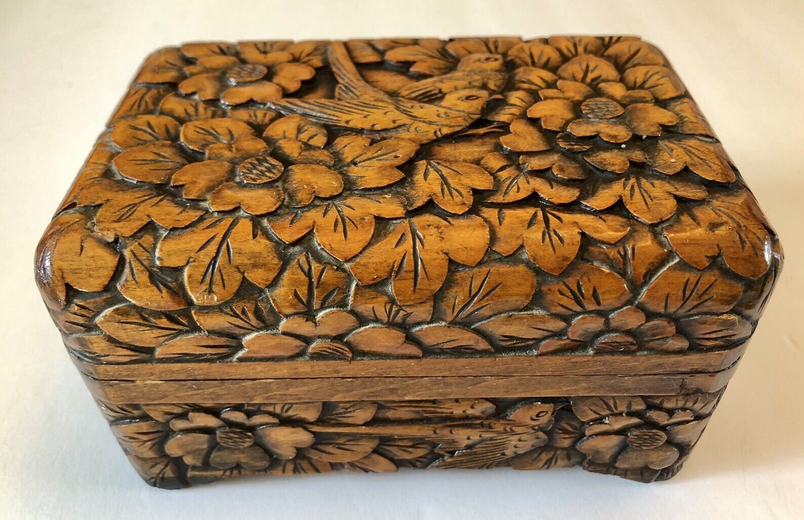 Vintage ￼Hand Carved Wood Box Intricately carved Birds - Floral 6” 4” 3”