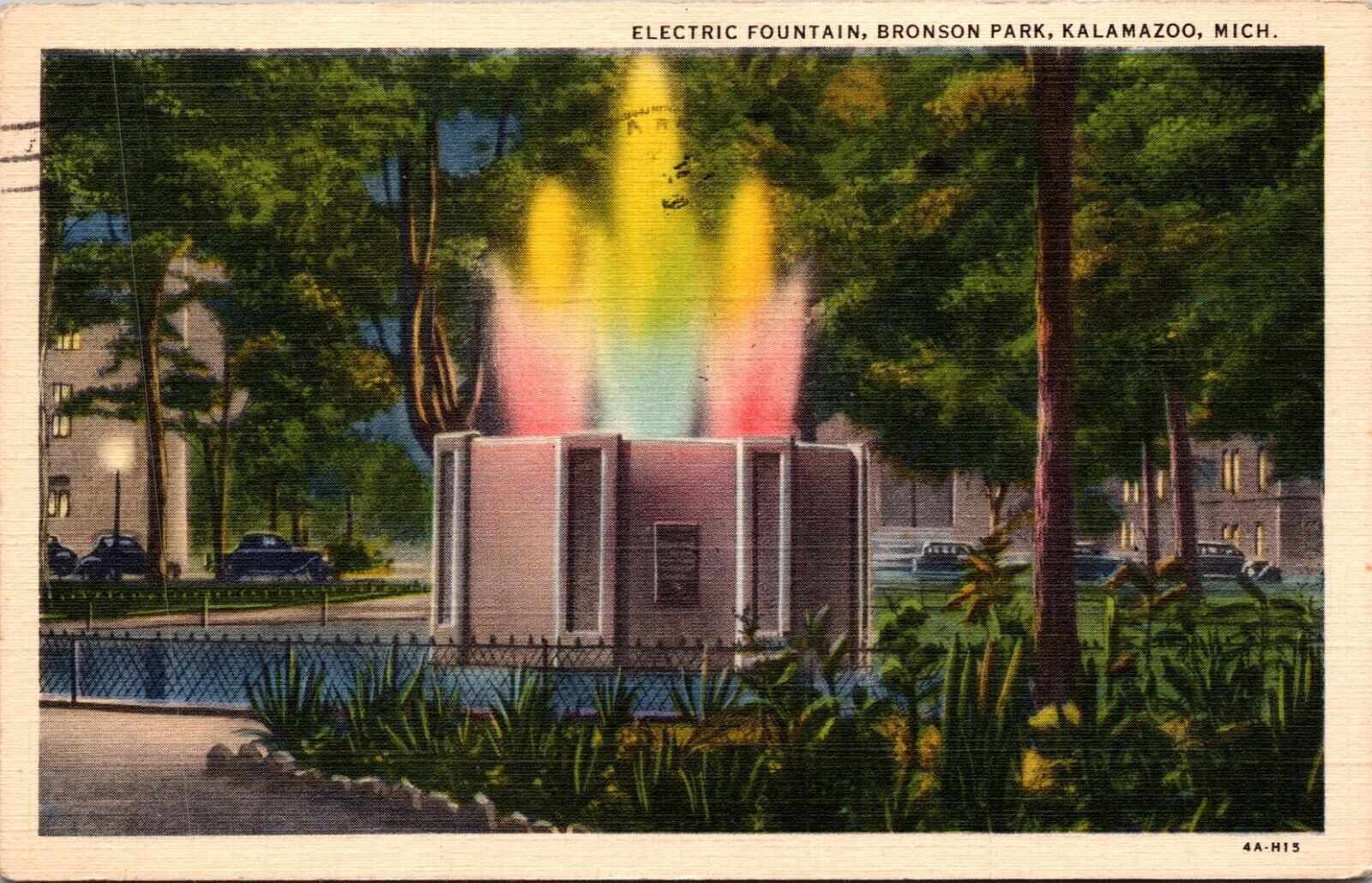 Electric Fountain At Night Bronson Park Kalamazoo Michigan MI Linen Postcard L66