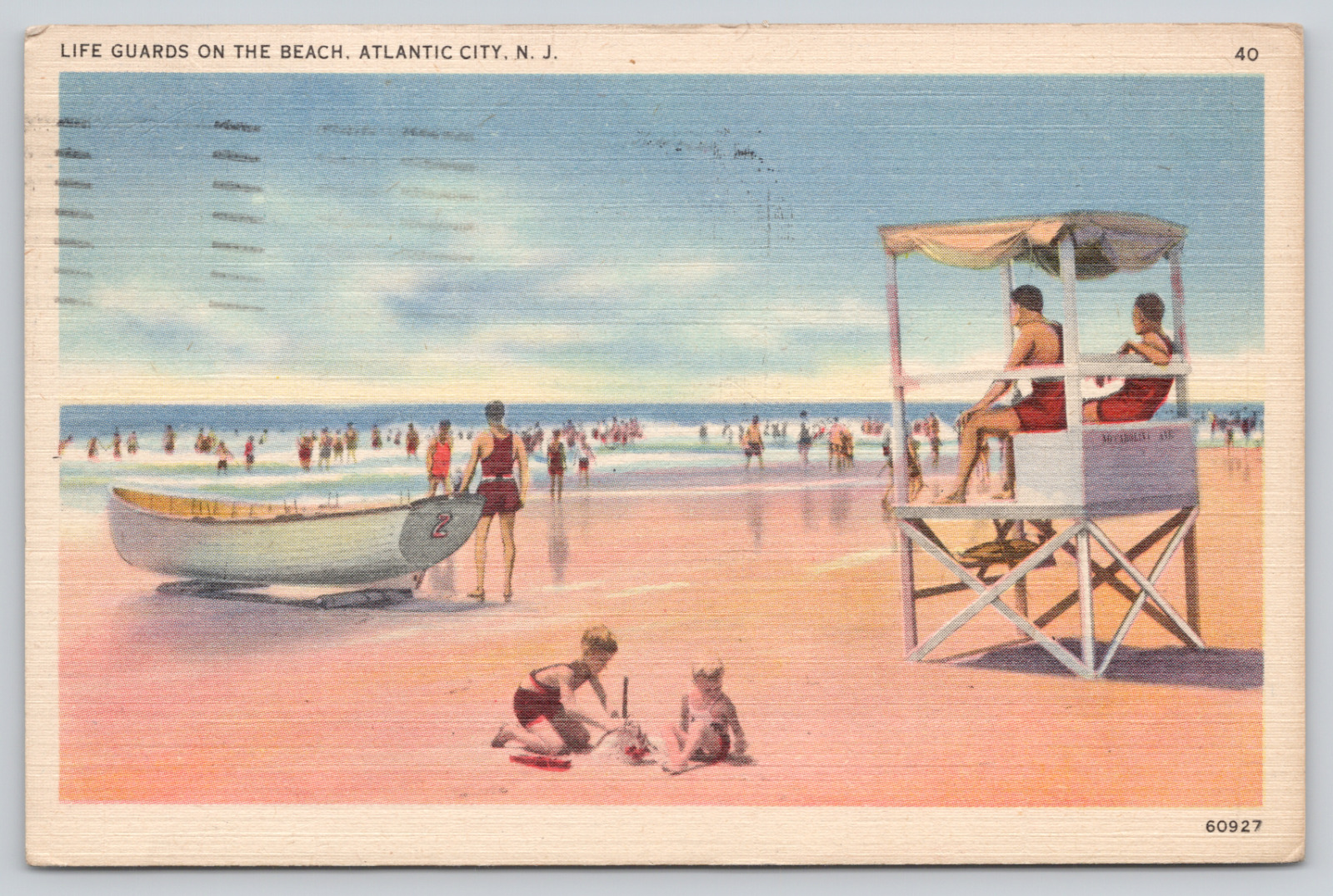 Postcard Atlantic City, New Jersey, 1944, Lifeguards On The Beach, Linen A888