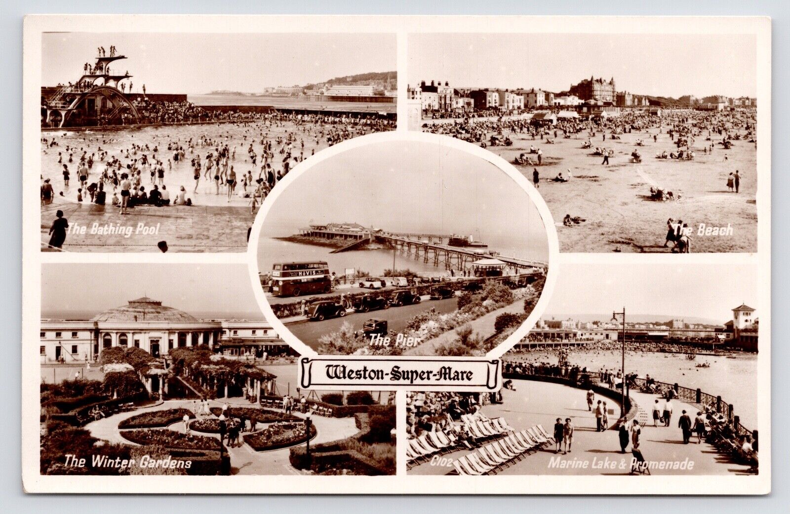 c1930s~Weston-super-Mare~Multi-view~Pier~Gardens~Pool~England~Vtg RPPC Postcard