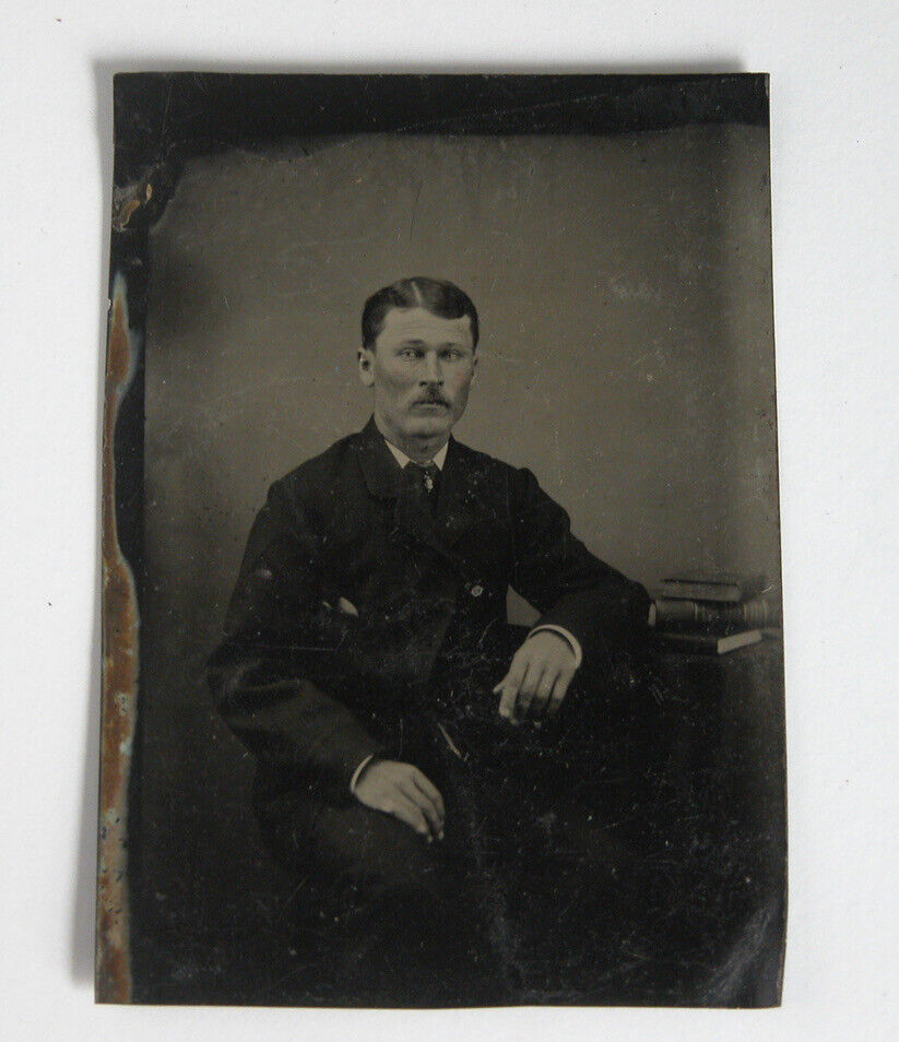 Antique 1890s Tintype Victorian Gentleman w/ Books American Frontier Photo