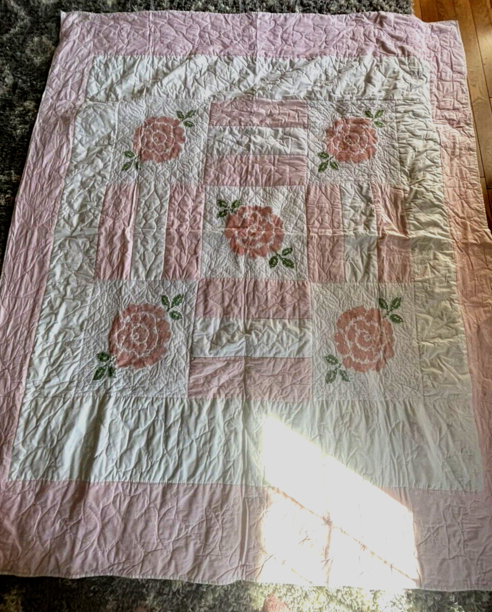 Antique Cross Stitch Rose Pattern in Pink,  Hand Quilted 1950's Lot B