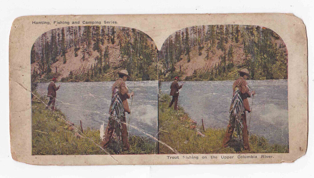 Antique 1905 Trout Fishing Upper Columbia River, Sears Roebuck Stereo Card P320