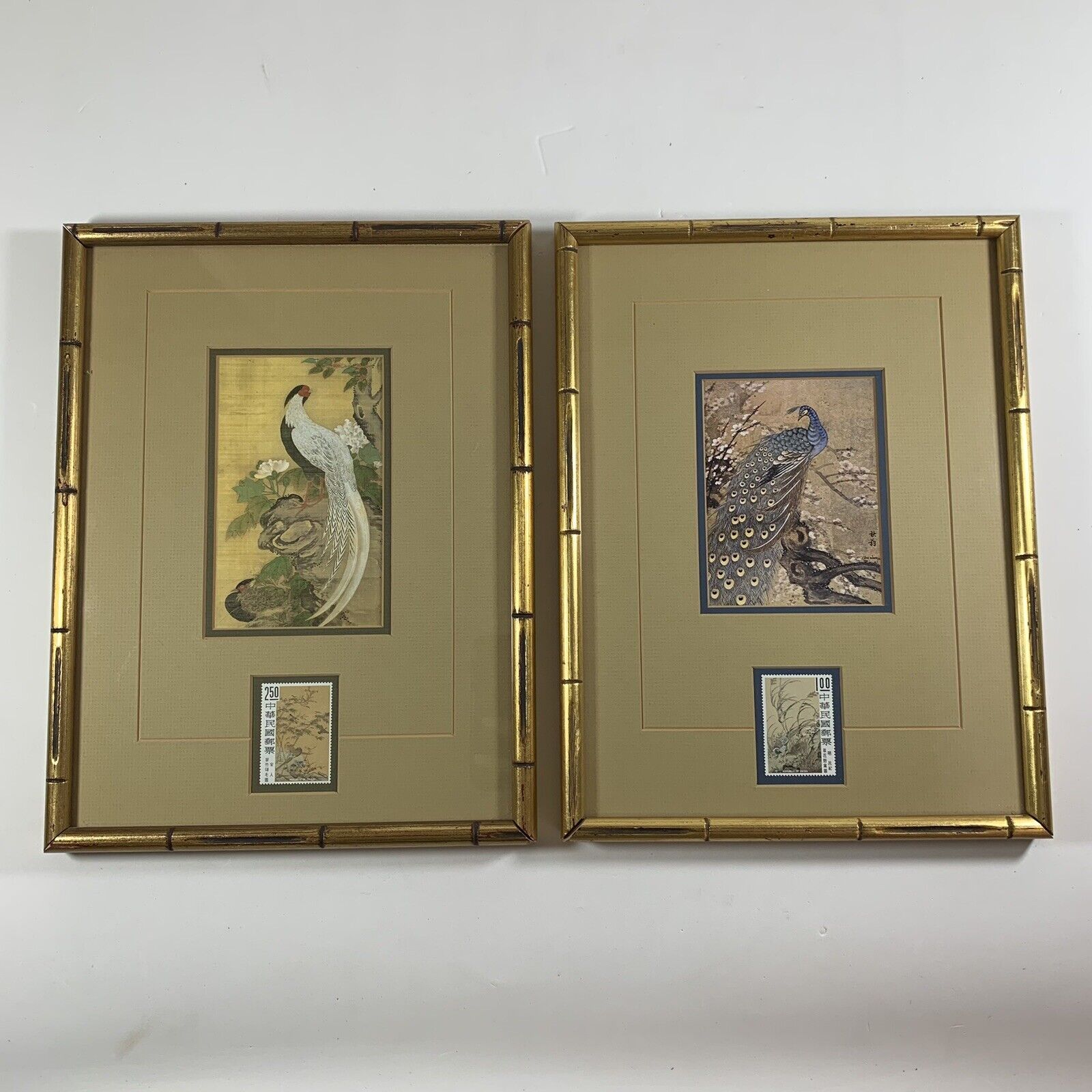 Vintage Chinese Bird Prints & Stamps Bamboo Framed Pair Wall Art (10 x 13)