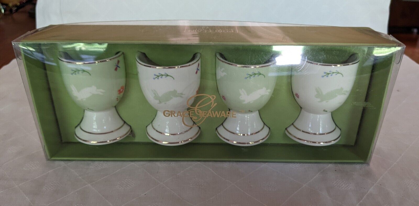 Grace Teaware Bunny Rabbit Ceramic Egg Cups, White, Mint Green, Set of 4 New