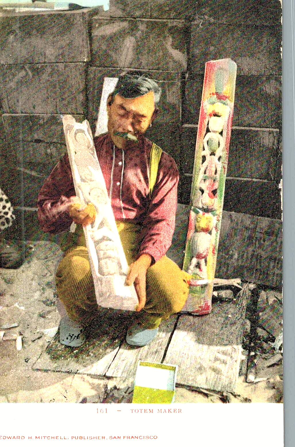 VIntage Postcard-161-Totem Maker, Man prreparing Totems