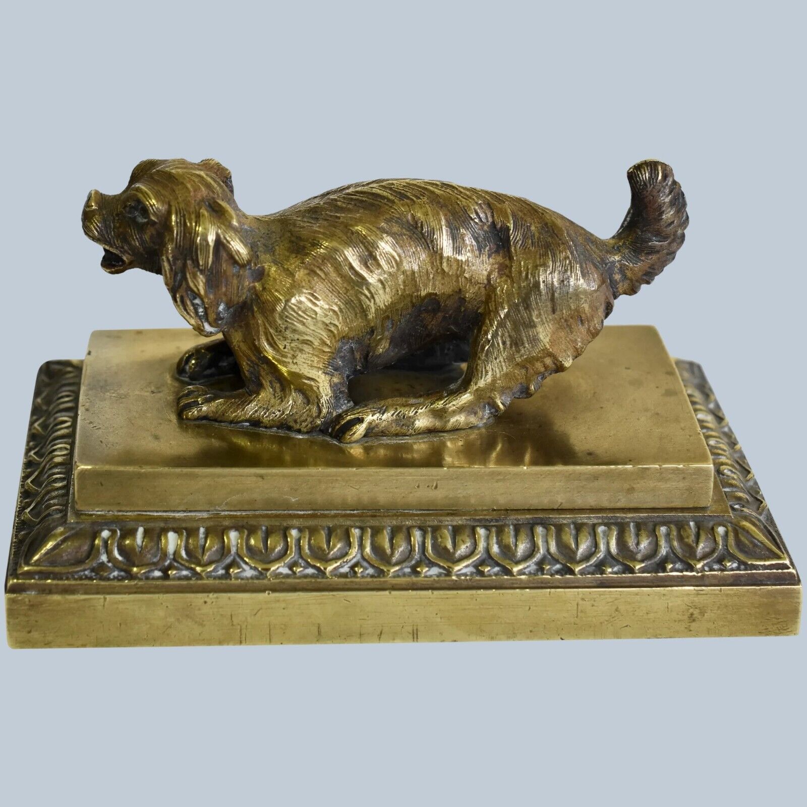 Antique 19C Brass Playful Spaniel Dog Paperweight