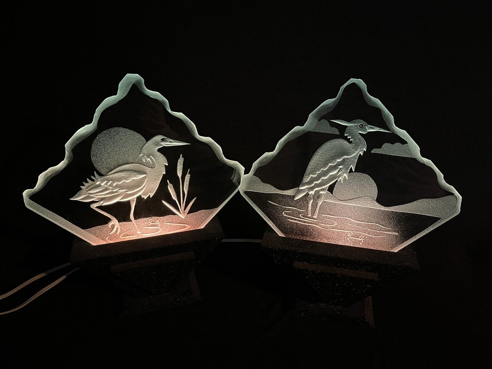 pair art deco intaglio glass lighted art glass panels lamps Artist Signed Birds