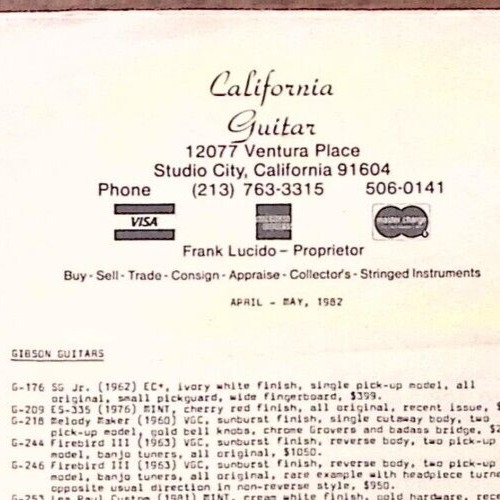1982 CALIFORNIA GUITAR SANTA BARBARA CA VINTAGE GUITAR STOCK LIST MAY Z4458