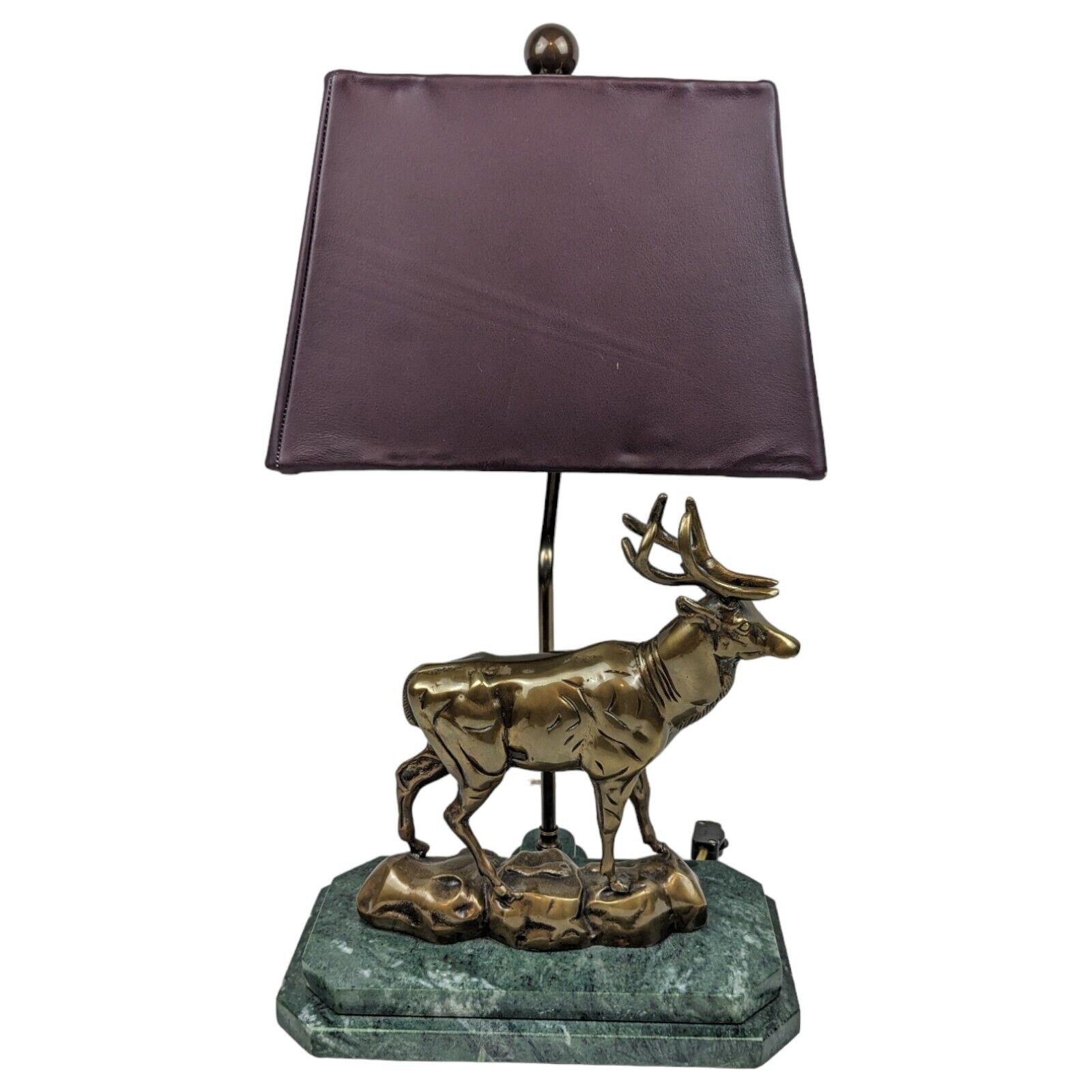 Brass Elk Stag Deer Sculpture Lamp w/ Leather Lamp Shade and Marble Base *READ