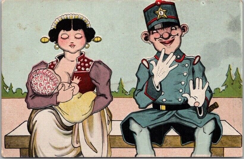 c1910s Breast Feeding Comic Postcard Mother & Baby on Park Bench / Policeman