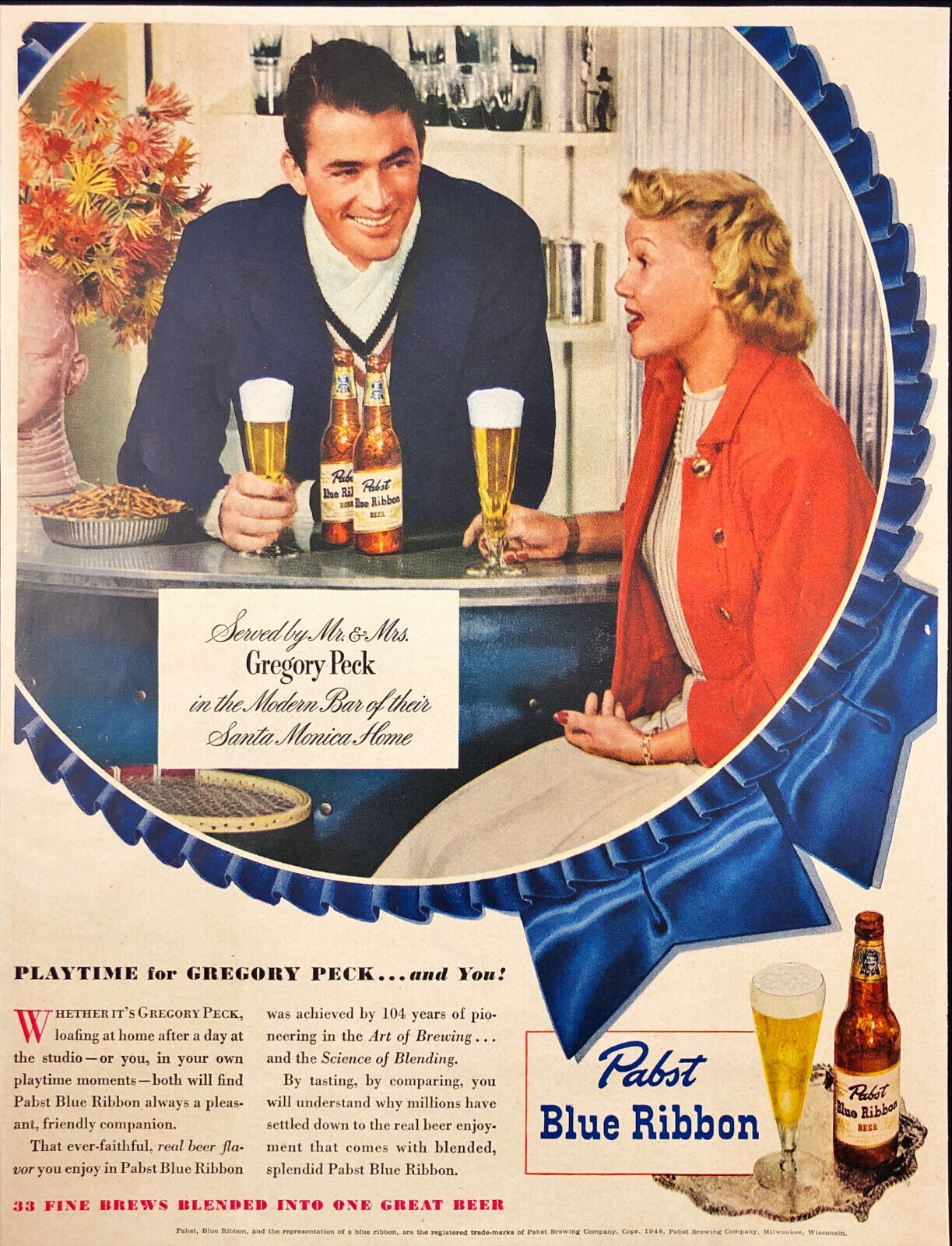 1948 Pabst Blue Ribbon Beer Gregory Peck Vintage Print Ad