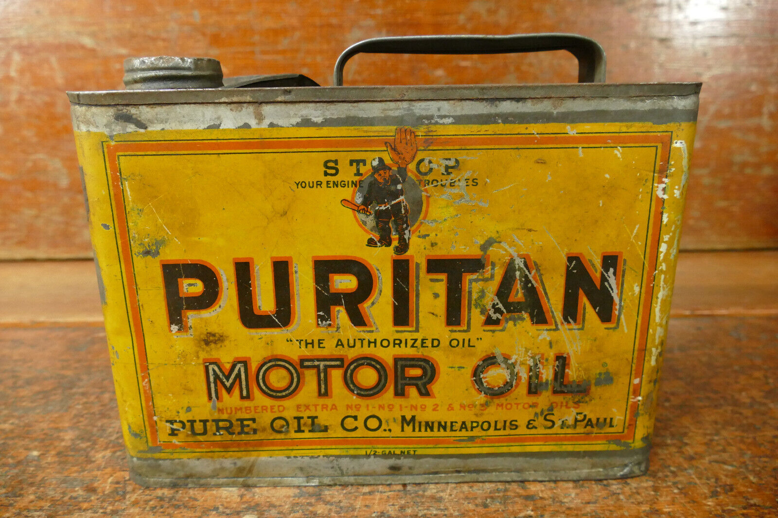 RARE 1920s Puritan Motor Oil Half Gallon Metal Oil Can Pure Oil Co Minneapolis
