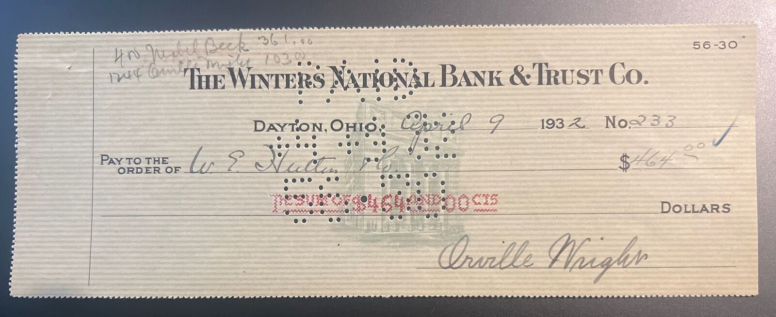 Orville Wright 1932 Bank Check Signed - Great Autograph - Twice Signed