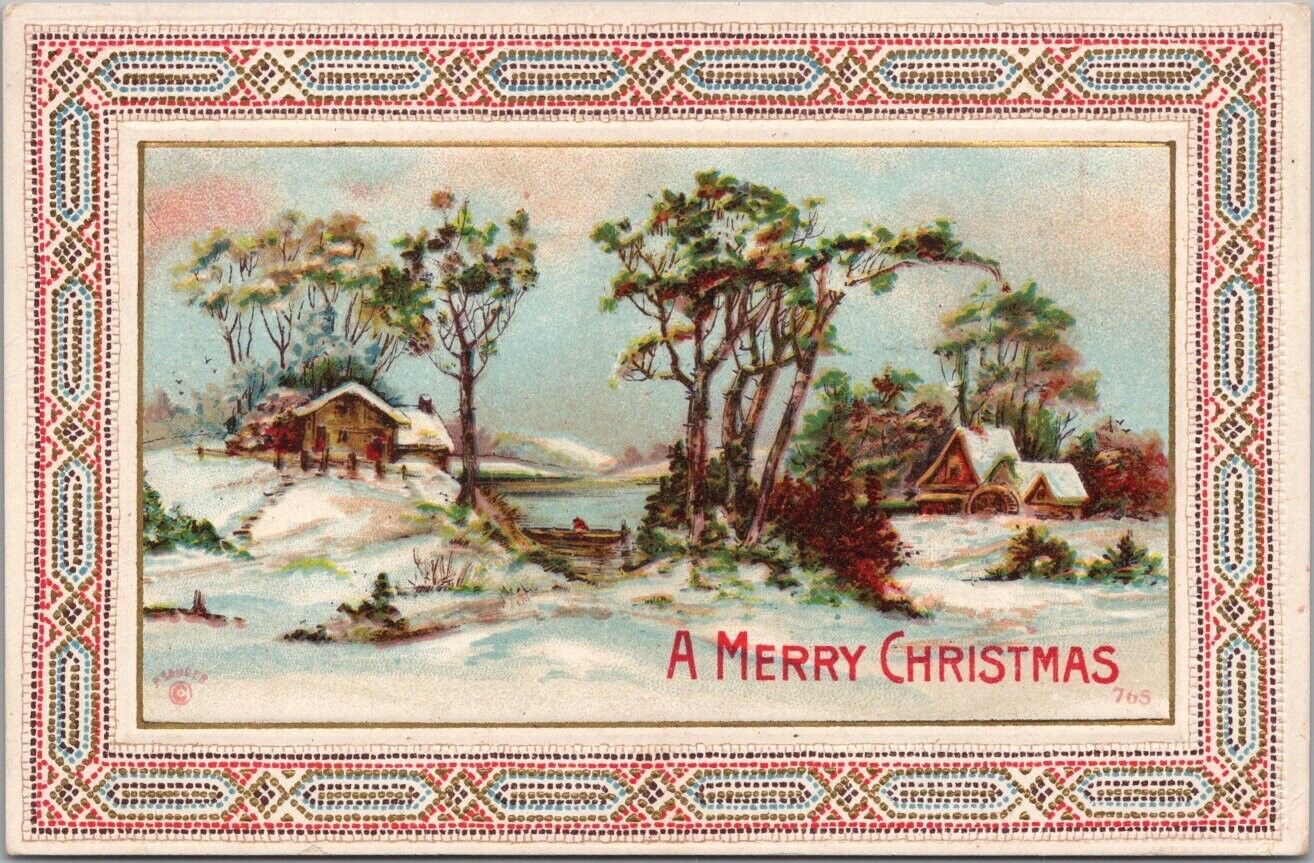 c1910s MERRY CHRISTMAS Embossed Greetings Postcard Winter Scene / House & Mill