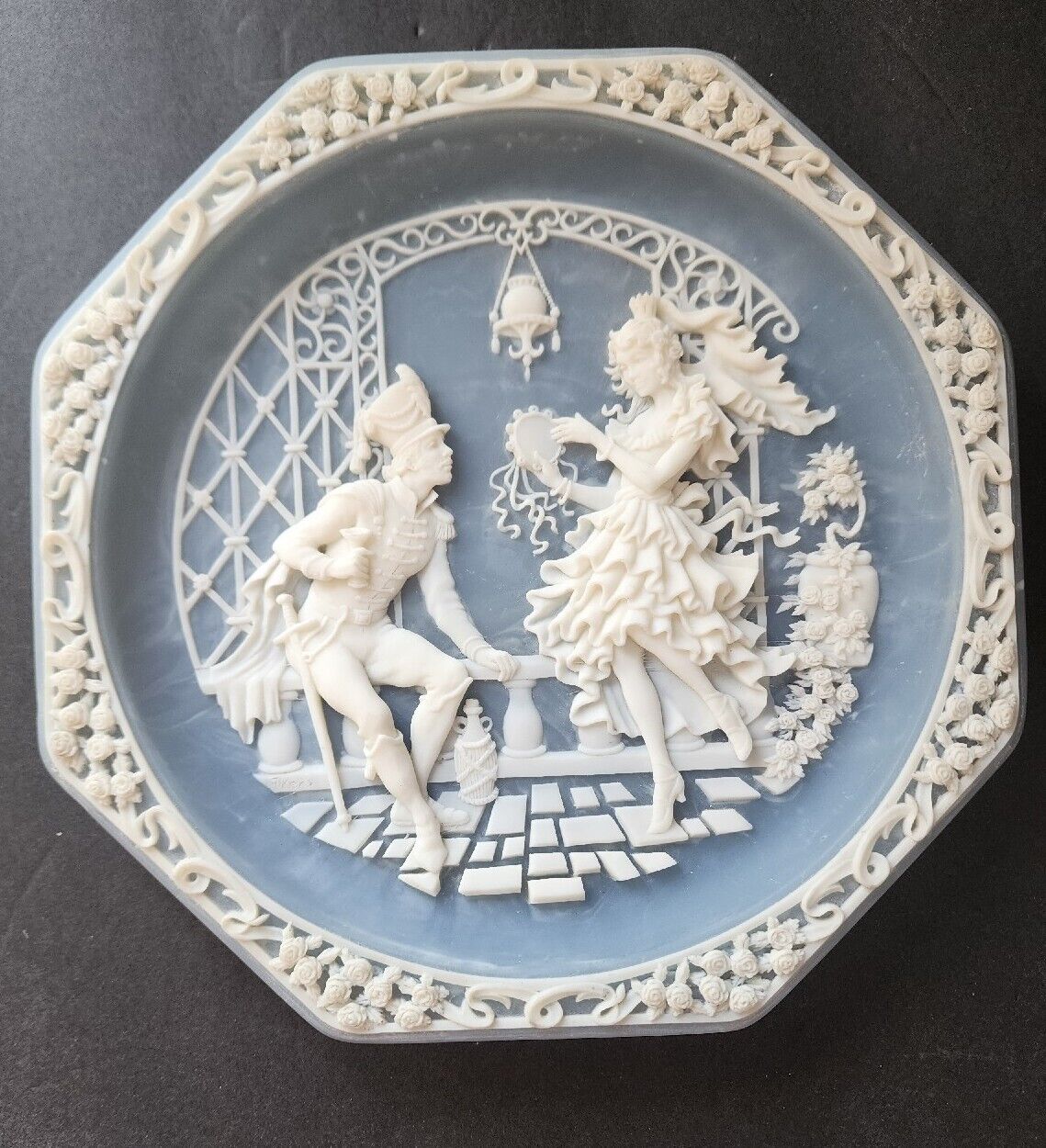 Akers 1990 Carmen Handcrafted Cameo Carving Sapphire Incolay Stone Octagon Plate