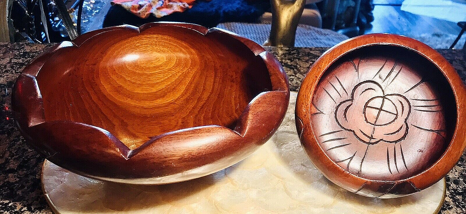 Vintage Monkey Haitian Bohemian Home Decor Hand Craved Wooden Bowl Set 2