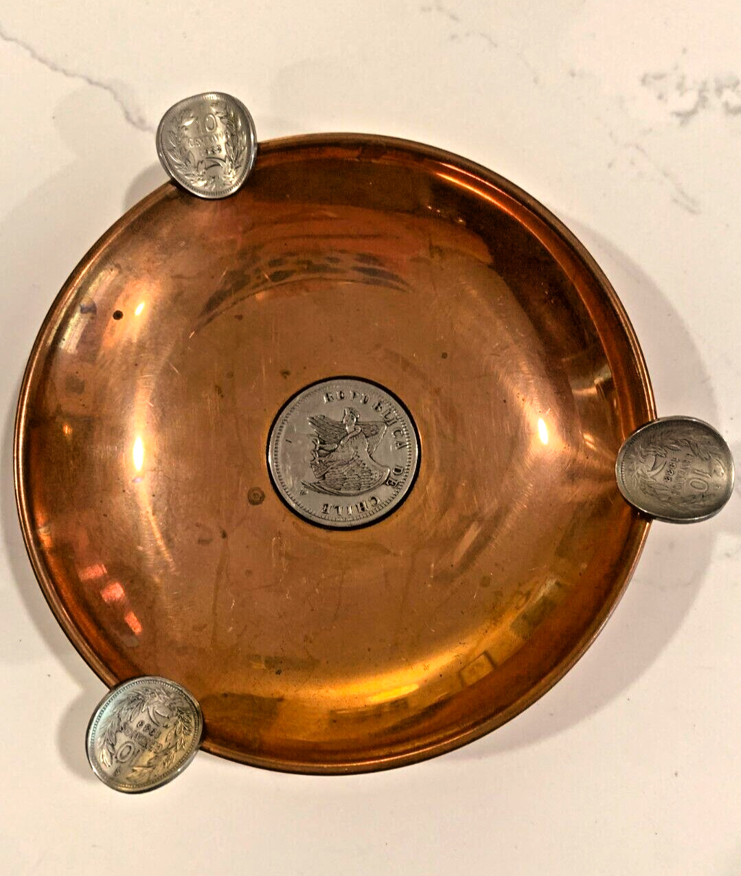 Republic De Chile Vintage Copper Ashtray Decorated With Coins  4.5 inches