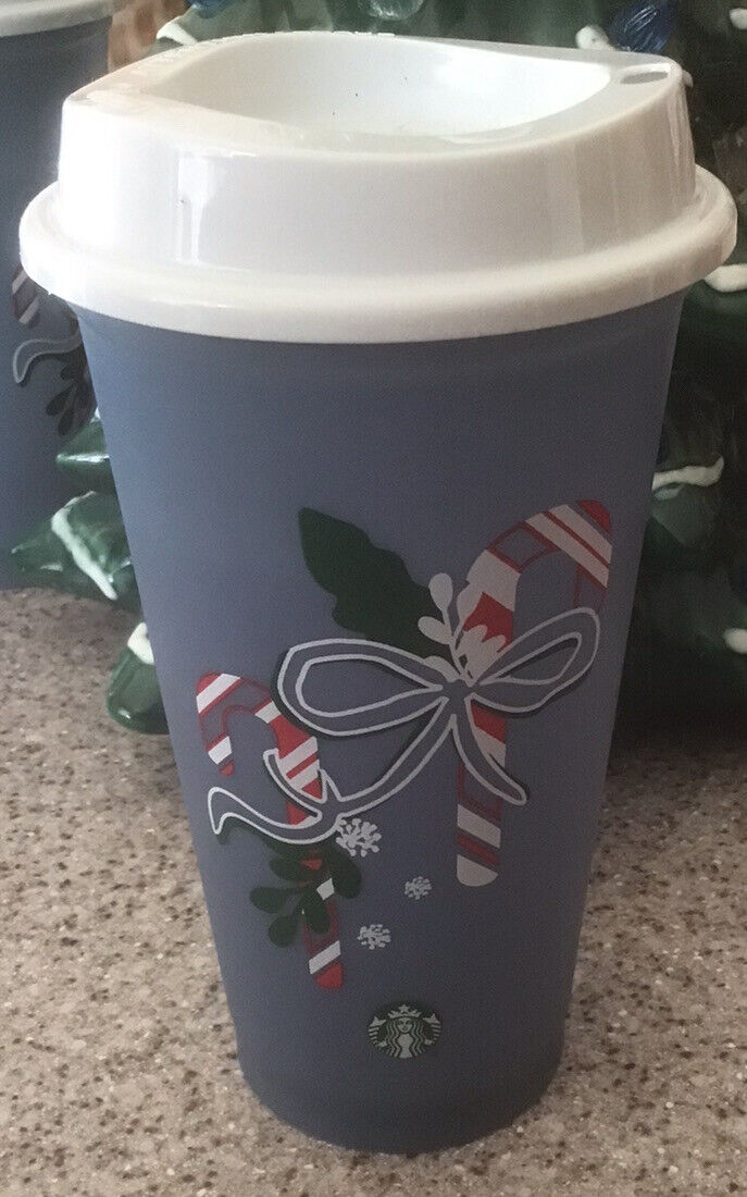 STARBUCKS 2021 CHRISTMAS HOLIDAY BLUE CANDY CANE REUSABLE HOT CUP Holds 16 oz