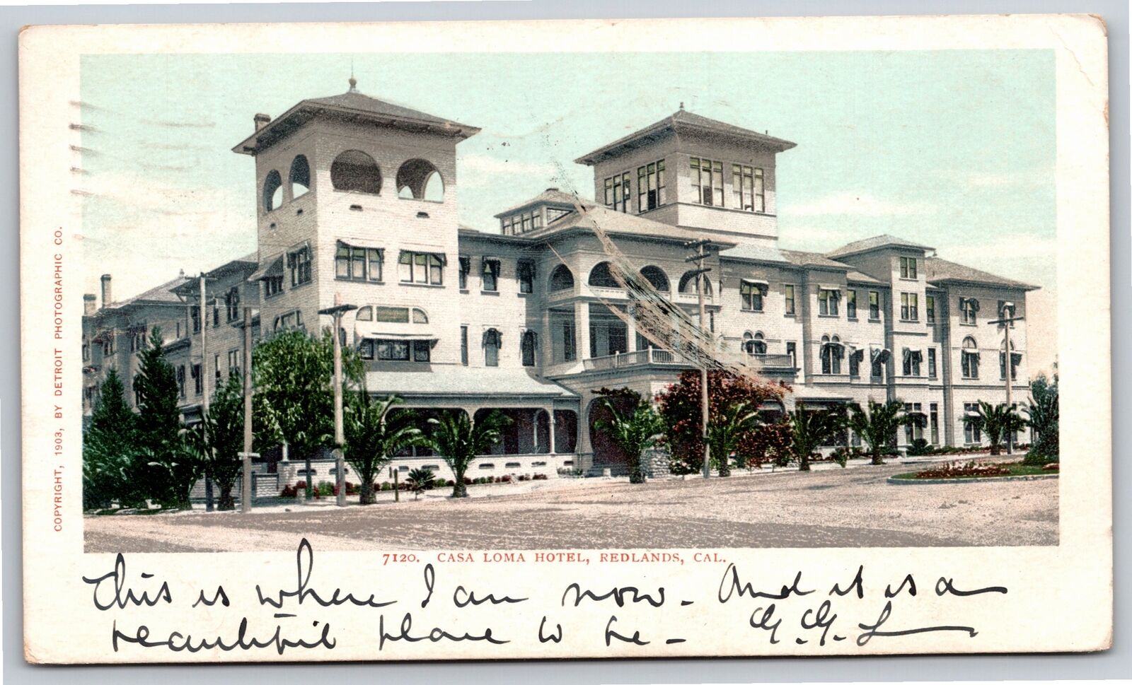 Detroit Pub~Redlands California~Casa Loma Hotel Exterior View~PM 1906~Postcard