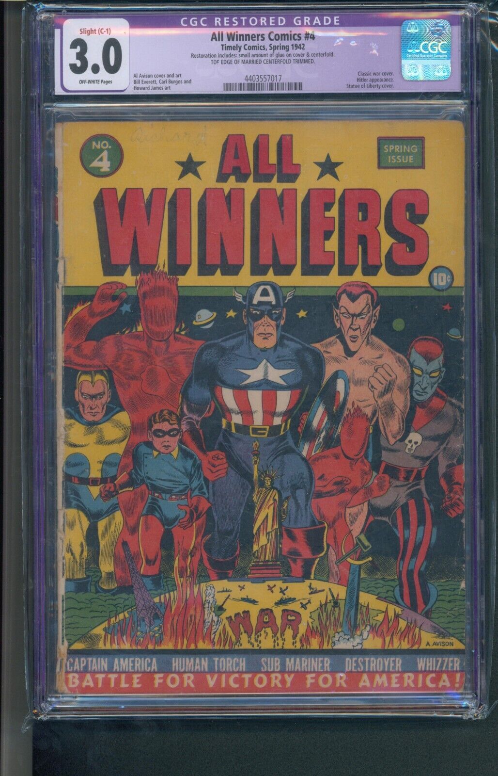 All Winners Comics 4 CGC 4.0 OW Pgs Restored Classic War Cover