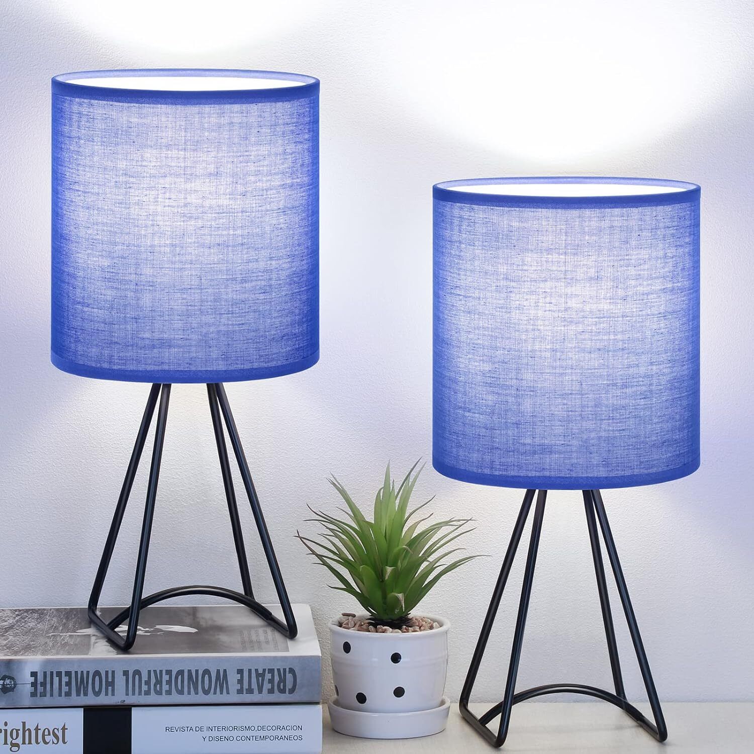 Bedside Table Lamps Set of 2, Blue Metal Lamp for Bedroom, Modern 