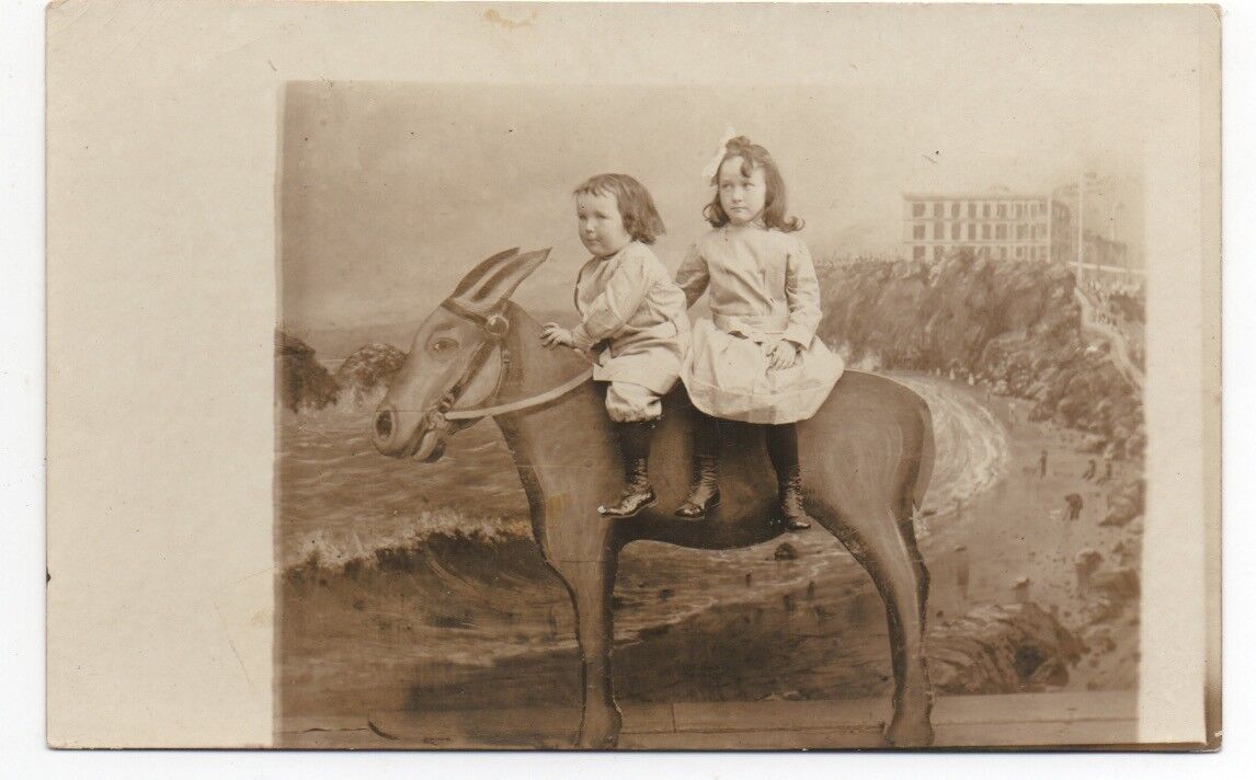 1916 Studio RPPC Postcard of 2 Girls on Donkey at the Cliff House San Francisco