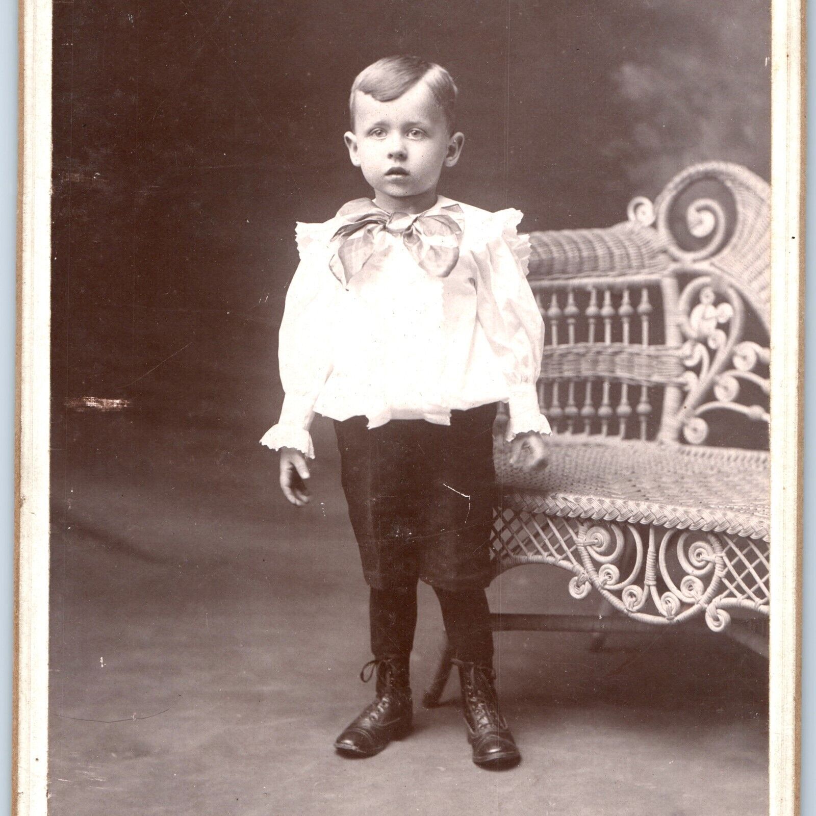 c1880s Lebanon, PA Cute Little Boy Flashy Shirt Bow Cabinet Card Photo Rite B14
