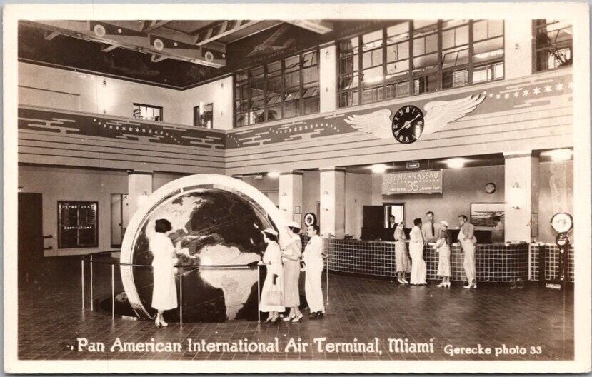 c1930s MIAMI Florida RPPC Photo Postcard Pan-Am International Air Terminal Globe