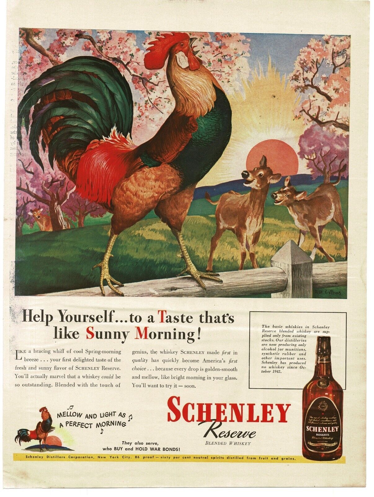 1944 Schenley Reserve Whiskey crowing Rooster deer Spring art Vintage Print Ad