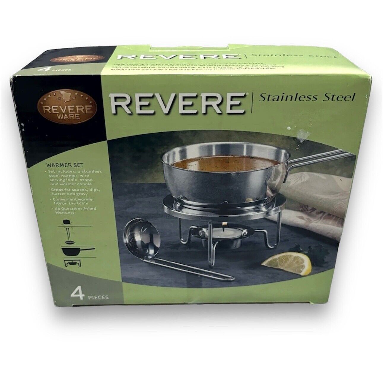 New Revere Ware Stainless Steel 4Pc Candle Warmer Set Camping Sauce Gravy Butter