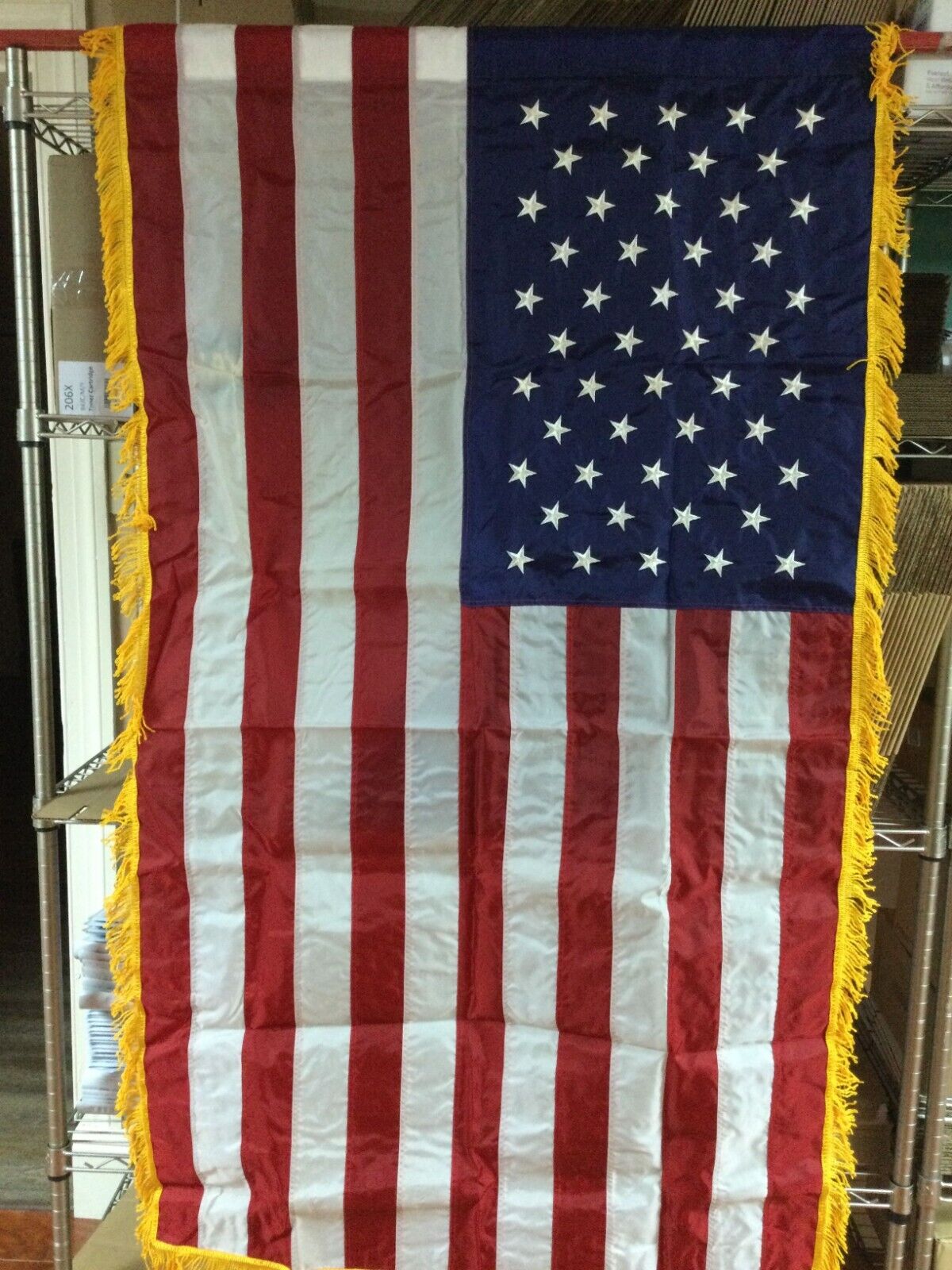 NOS Vintage DETTRA 50 Star American Flag Dura-Lite Nylon & Gold Fringe 3x5 USA