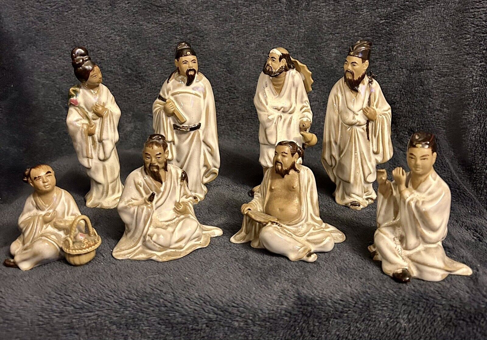 Set Of 8 Chinese Ceramic Shiwan Mudman Mud man Scholars Figures