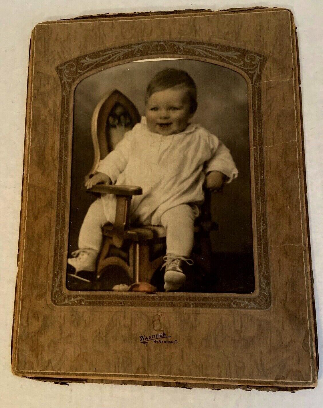 Antique Vintage Photograph Baby in Chair with Toy Hand Colored