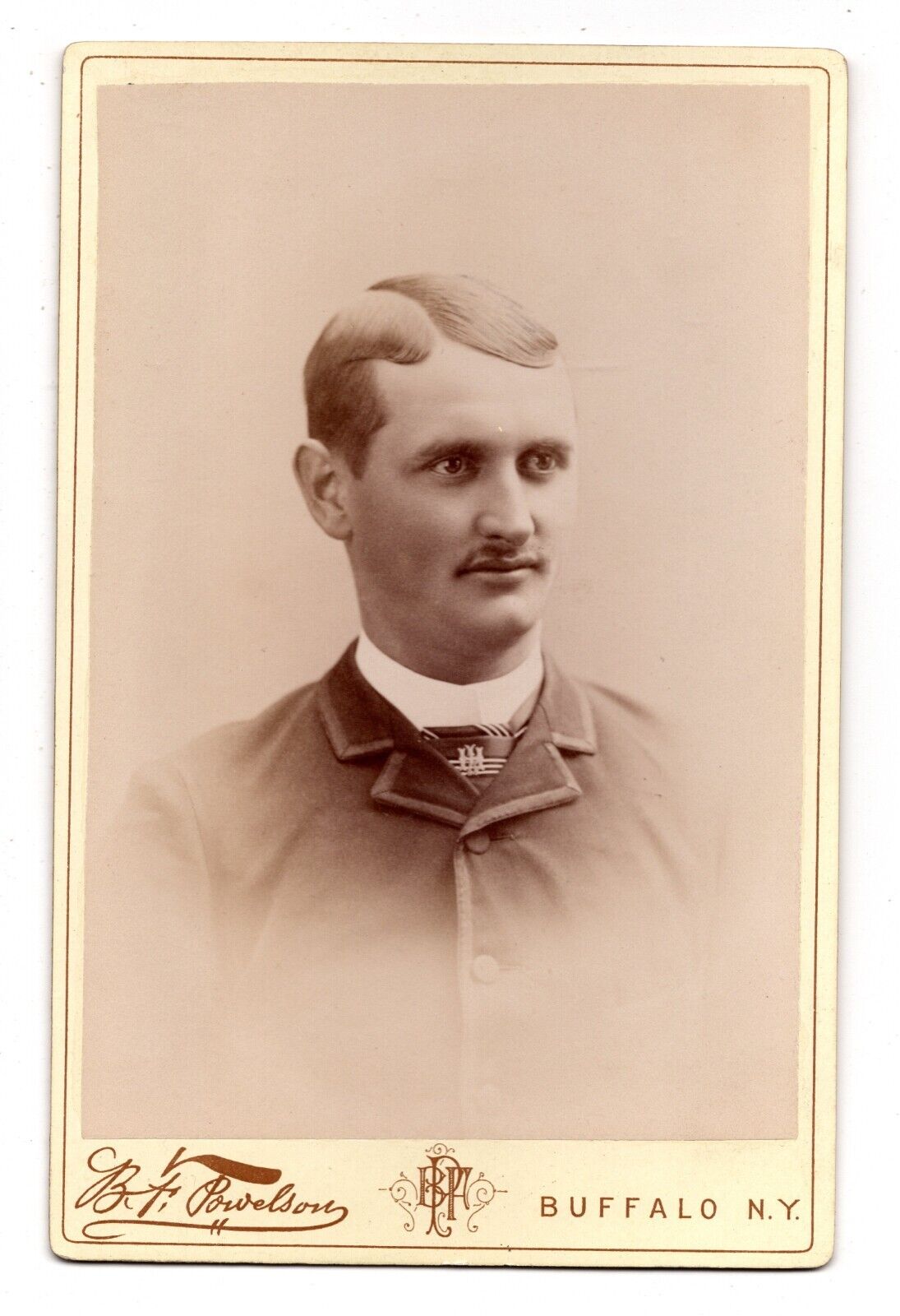 C. 1890s CABINET CARD B.F. POWELSON HANDSOME MAN WITH MUSTACHE BUFFALO NEW YORK