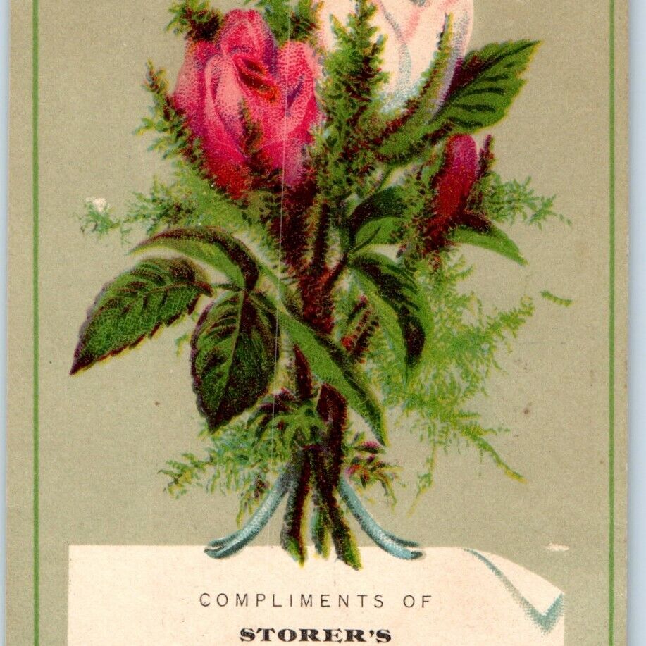 c1880s Boston, NY Storer's Hat Bonnet Bleachery Victorian Trade Card Flower C11