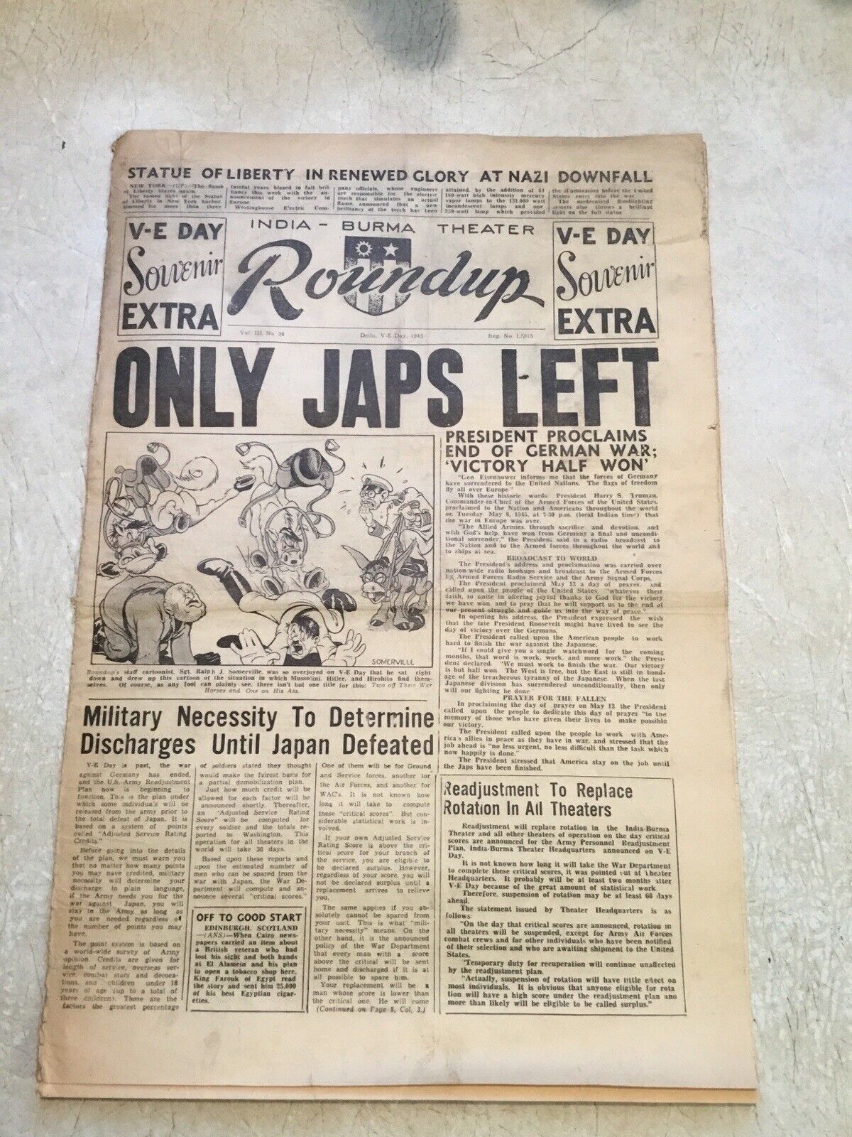 SOLDIERS Newspapers  ROUNDUP INDIA BURMA  THEATRE VE DAY *ONLY JAPAN LEFT * 1945